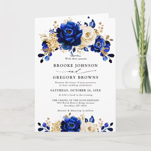 Royal Blue Yellow Gold Metallic Floral Wedding Invitation (Front)