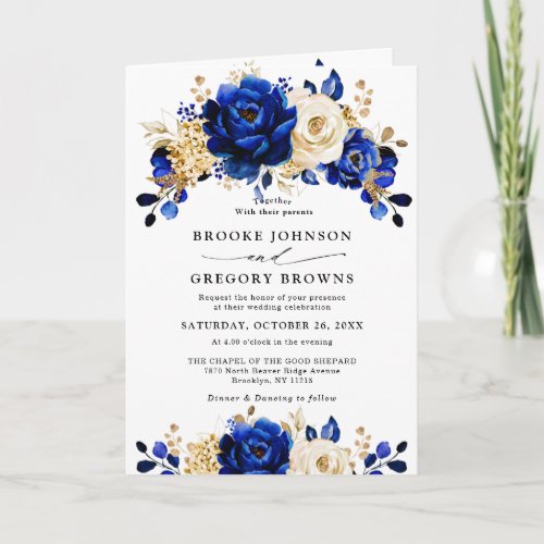 Royal Blue Yellow Gold Metallic Floral Wedding Invitation