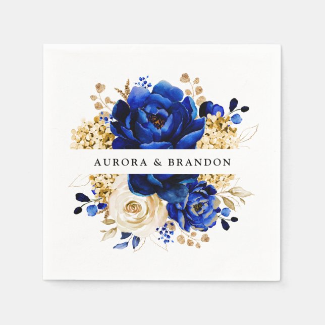 Royal Blue Yellow Gold Metallic Floral Wedding Napkins (Front)