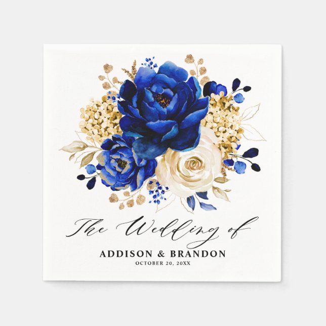 Royal Blue Yellow Gold Metallic Floral Wedding Napkins (Front)