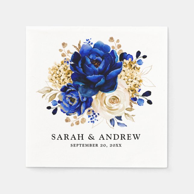 Royal Blue Yellow Gold Metallic Floral Wedding Napkins (Front)