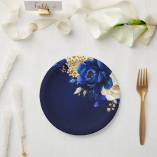 Royal Blue Yellow Gold Metallic Floral Wedding Pap Paper Plates