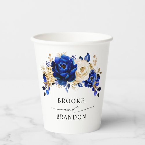 Royal Blue Yellow Gold Metallic Floral Wedding Paper Cups