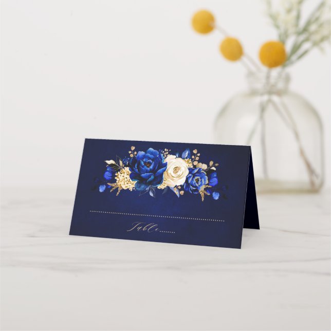 Royal Blue Yellow Gold Metallic Floral Wedding Pla Place Card (Front)