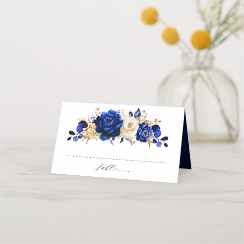Royal Blue Yellow Gold Metallic Floral Wedding Place Card