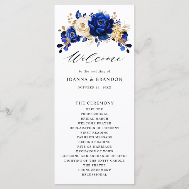 Royal Blue Yellow Gold Metallic Floral Wedding Program (Front)