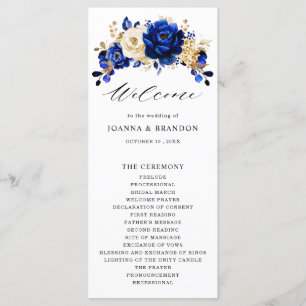 Royal Blue Yellow Gold Metallic Floral Wedding Program