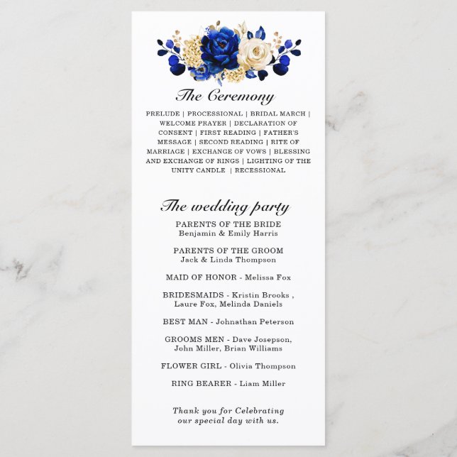Royal Blue Yellow Gold Metallic Floral Wedding Program (Back)