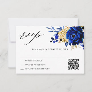 Royal Blue Yellow Gold Metallic Floral Wedding QR RSVP Card