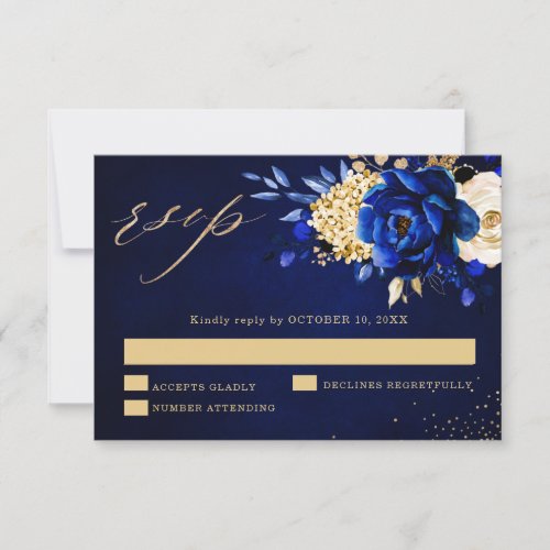 Royal Blue Yellow Gold Metallic Floral Wedding RSV RSVP Card