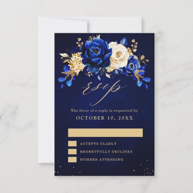 Royal Blue Yellow Gold Metallic Floral Wedding RSV RSVP Card (Front)