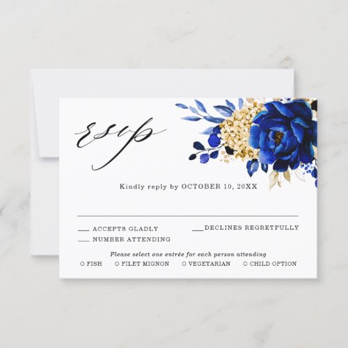 Royal Blue Yellow Gold Metallic Floral Wedding RSVP Card