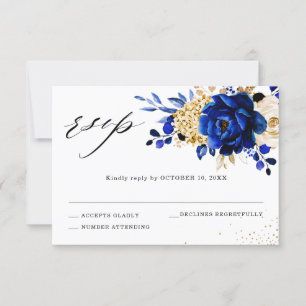 Royal Blue Yellow Gold Metallic Floral Wedding RSVP Card