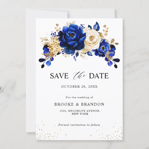 Royal Blue Yellow Gold Metallic Floral Wedding Save The Date