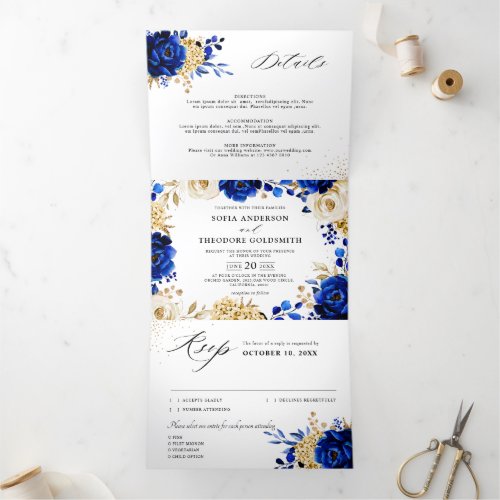 Royal Blue Yellow Gold Metallic Floral Wedding Tri_Fold Announcement