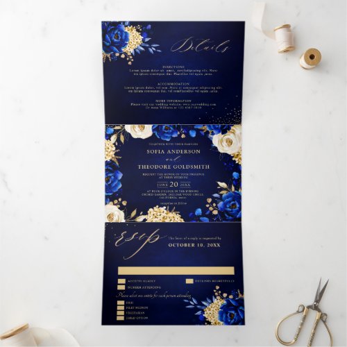 Royal Blue Yellow Gold Metallic Floral Wedding Tri Tri_Fold Announcement