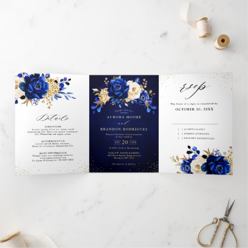 Royal Blue Yellow Gold Metallic Floral Wedding Tri Tri_Fold Announcement