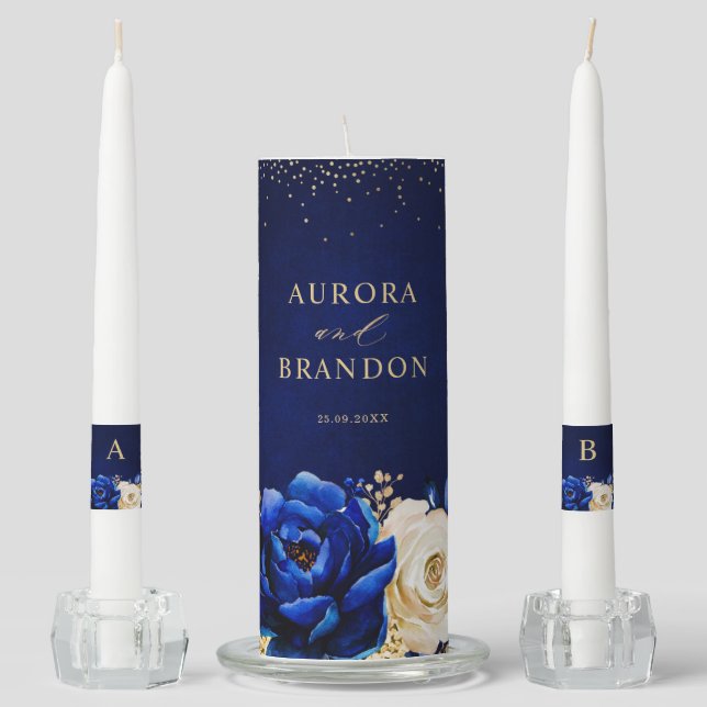 Royal Blue Yellow Gold Metallic Floral Wedding Uni Unity Candle Set (Front)