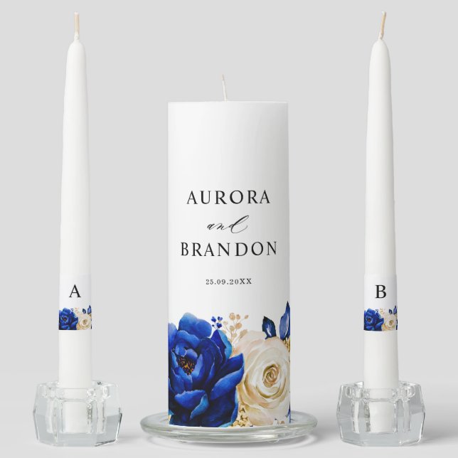 Royal Blue Yellow Gold Metallic Floral Wedding Unity Candle Set (Front)