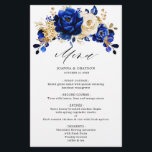 Royal Blue Yellow Gold Metallic Wedding Menu<br><div class="desc">Elegant royal blue gold theme wedding menu featuring elegant bouquet of royal blue,  Navy,  gold,  yellow  color rose flowers buds and eucalyptus leaves. Please contact me for any help in customization or if you need any other product with this design.</div>