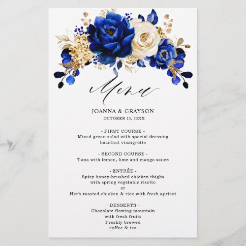 Royal Blue Yellow Gold Metallic Wedding Menu