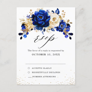 Royal Blue Yellow Gold Metallic Wedding RSVP Postcard