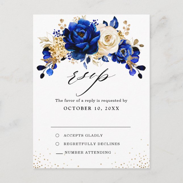 Royal Blue Yellow Gold Metallic Wedding RSVP Postcard (Front)