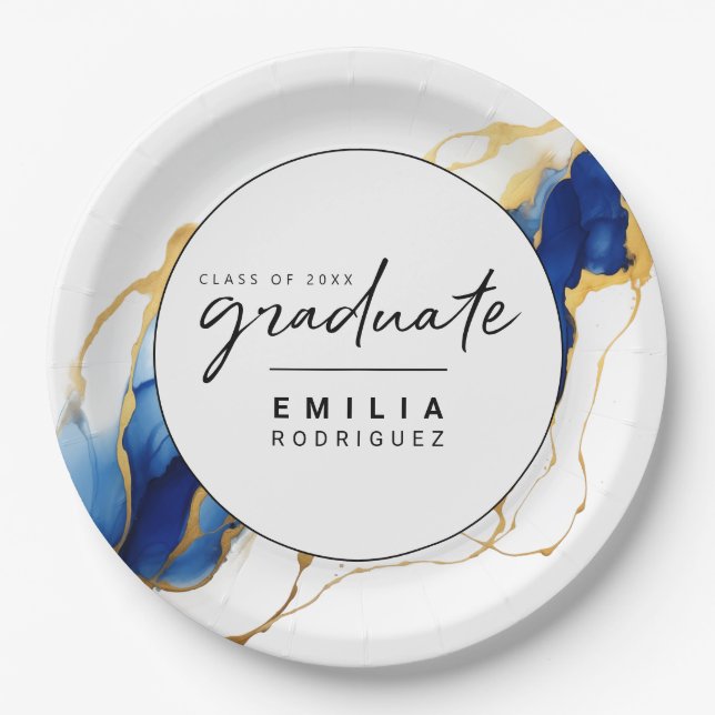 Royal Blue Yellow Gold Minimalist Graduation  Paper Plates (Front)
