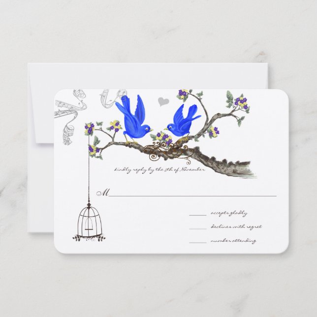 Royal Blue Yellow & Purple Flowers Weddings RSVP Card (Front)