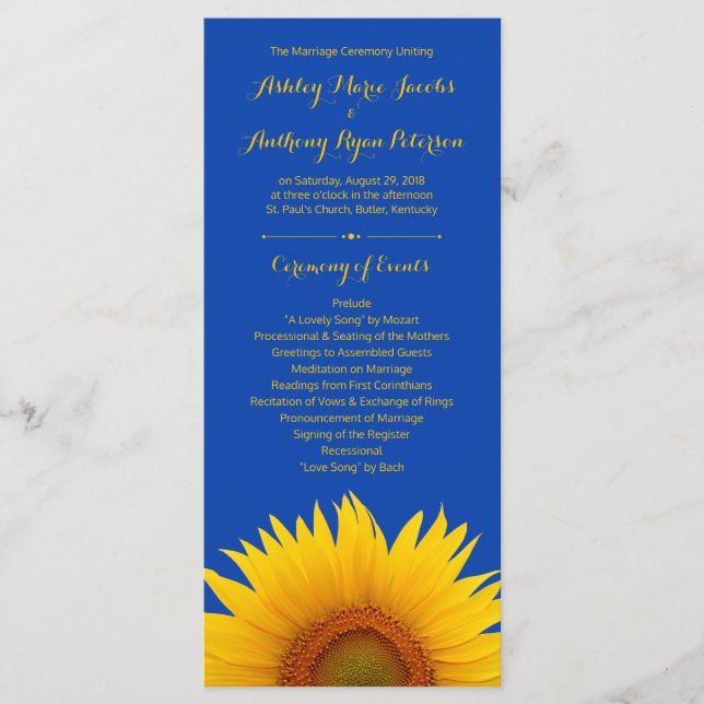 Royal Blue Yellow Sunflower Wedding Program (Front)