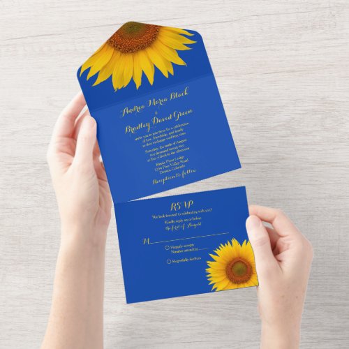 Royal Blue Yellow Sunflower Wedding RSVP All In One Invitation