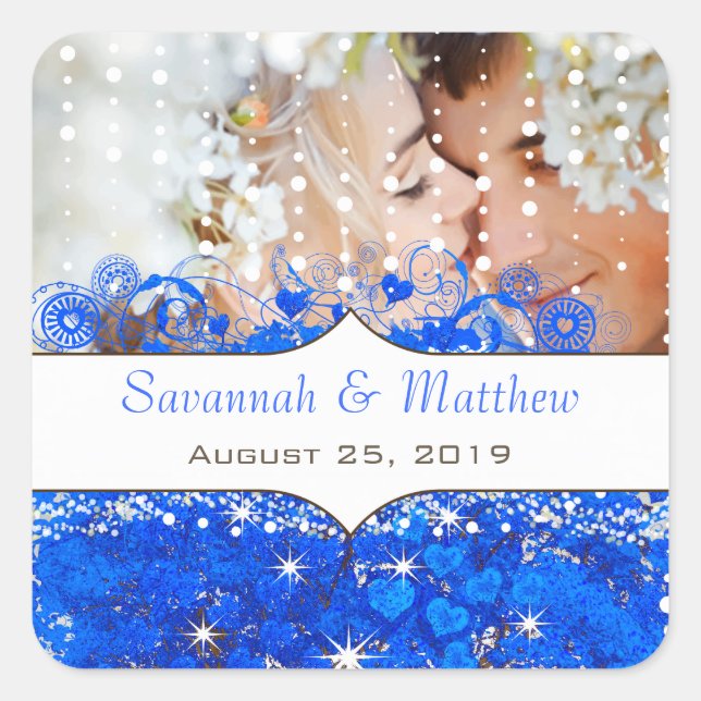 Royal Blue Your Photo Romantic Heart Leaf Square Sticker (Front)