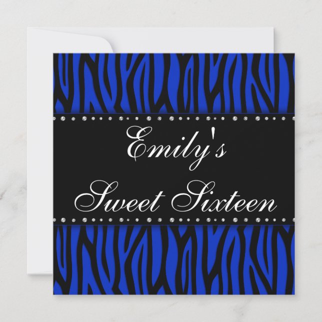 Royal Blue Zebra Diamonds Sweet 16 Birthday Invitation (Front)