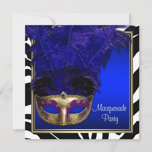 Royal Blue Zebra Masquerade Party Invitations