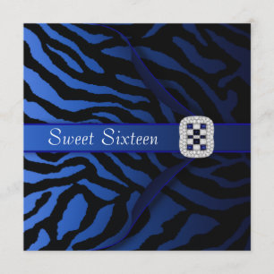 Royal Blue Zebra Sweet Sixteen Party Invitation