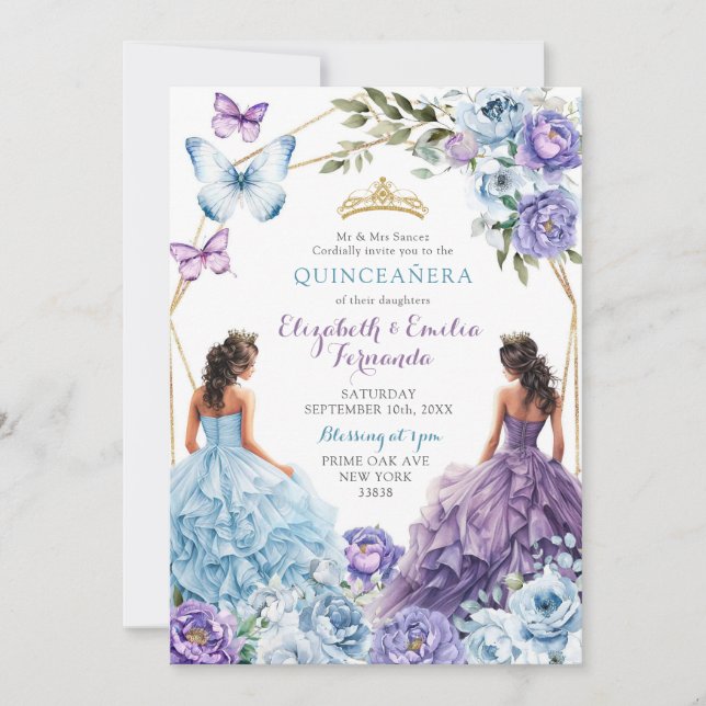 Royal Blush Blue Purple Geometric Quinceañera Invitation (Front)
