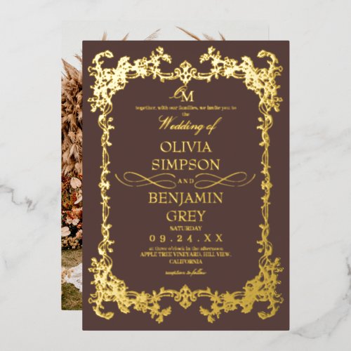 Royal Brown French Floral Photo Wedding Foil Invitation