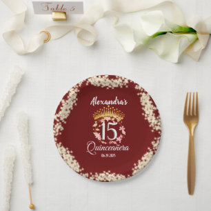 Royal Burgandy Vintage Boho Quinceañera Spanish Paper Plates