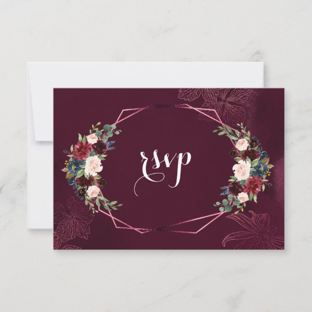 Royal Burgundy Blush Floral Geometric RSVP Card (Front)