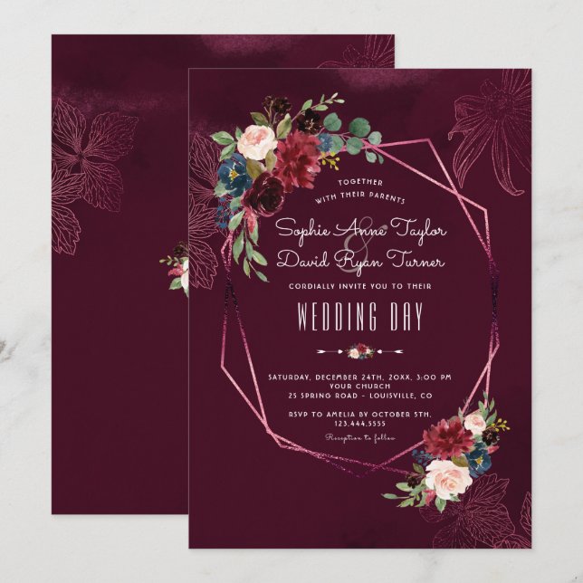 Royal Burgundy Blush Floral Geometric Wedding Invitation (Front/Back)