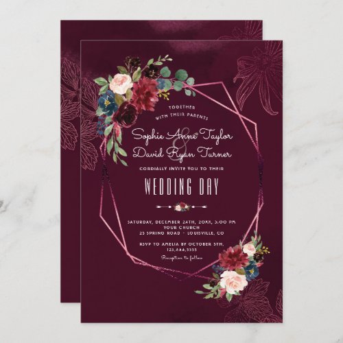 Royal Burgundy Blush Floral Geometric Wedding Invitation