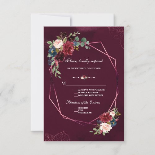 Royal Burgundy Blush Floral Geometric Wedding RSVP Card