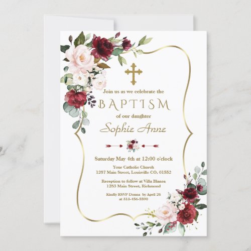 Royal Burgundy Blush Floral Gold Frame Baptism Invitation