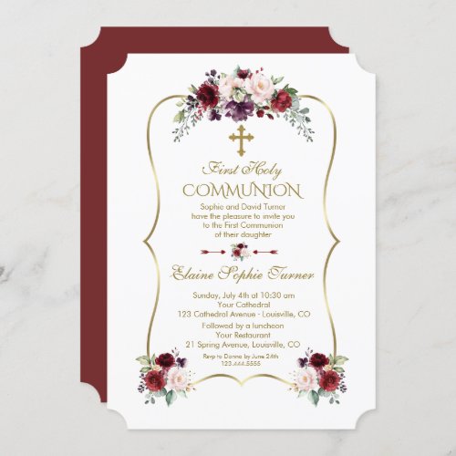 Royal Burgundy Blush Flowers First Holy Communion Invitation