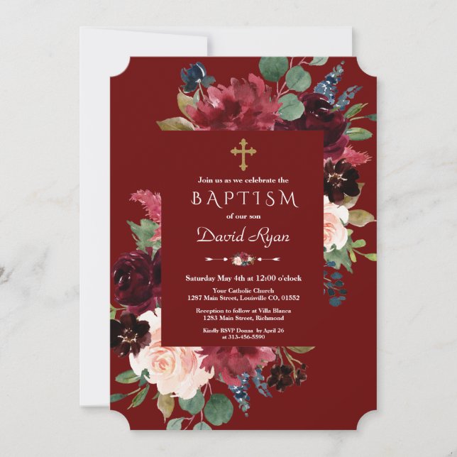Royal Burgundy Blush Flowers Gold Cross Baptism Invitation (Front)