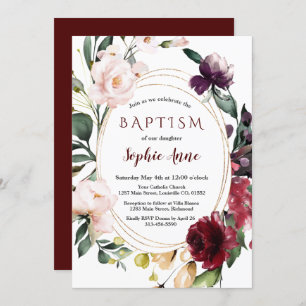 Royal Burgundy Blush Flowers Gold Girl Baptism Invitation