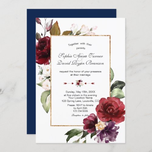 Royal Burgundy Blush Flowers Gold Wedding Invitation