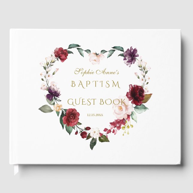 Royal Burgundy Blush Flowers Navy Blue Baptism Guest Book (Front)