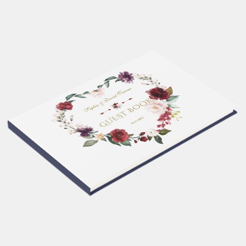 Royal Burgundy Blush Flowers Navy Blue Wedding Guest Book