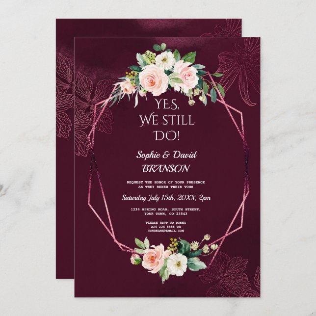 Royal Burgundy Blush Flowers Vow Renewal Invitation (Front/Back)